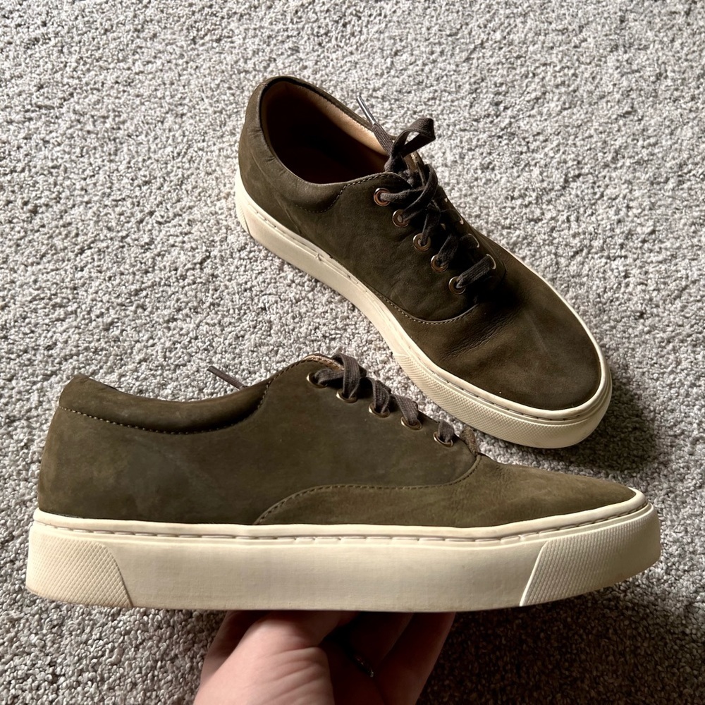 Nisolo Olive Green Suede Low-Top Sneakers with Cream Soles